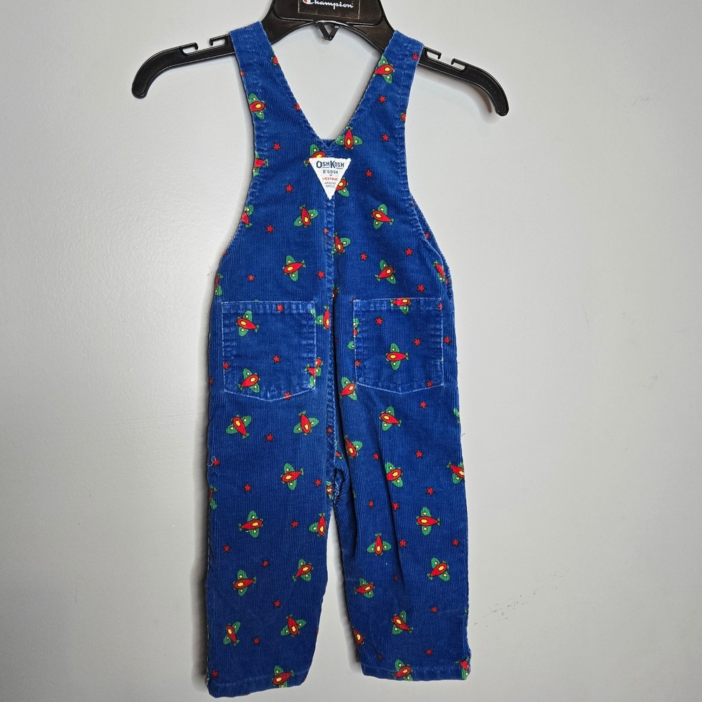 Vtg OshKosh B'gosh Blue Corduroy Airplane Star Print Overalls Kids 24 Months - Picture 6 of 9